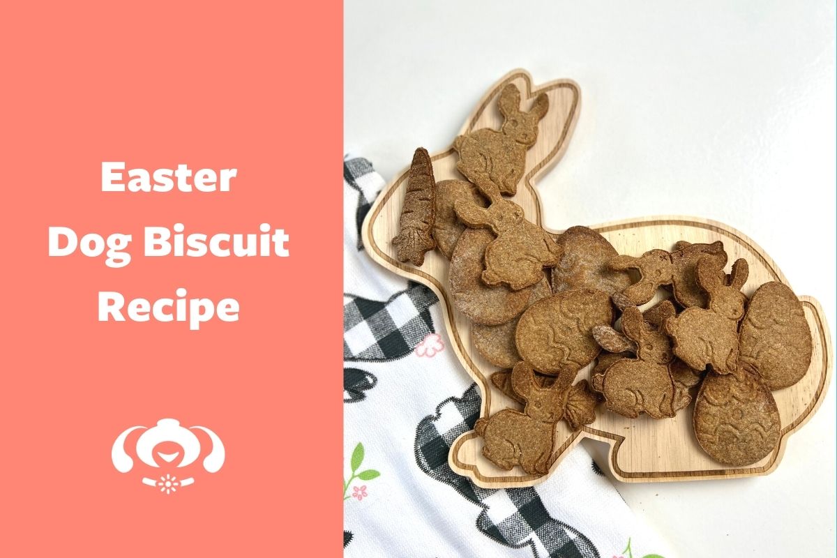 Easter Dog Biscuits on bunny cutting board with Easter towel